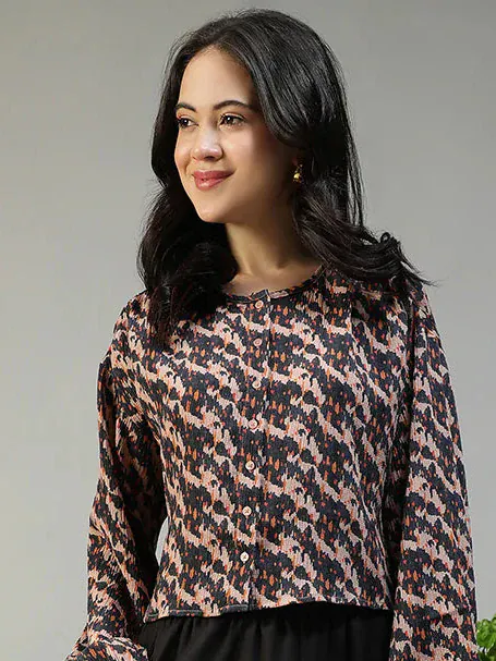 Women Brown Abstract Print Round Neck Long Sleeve Top - Image 8