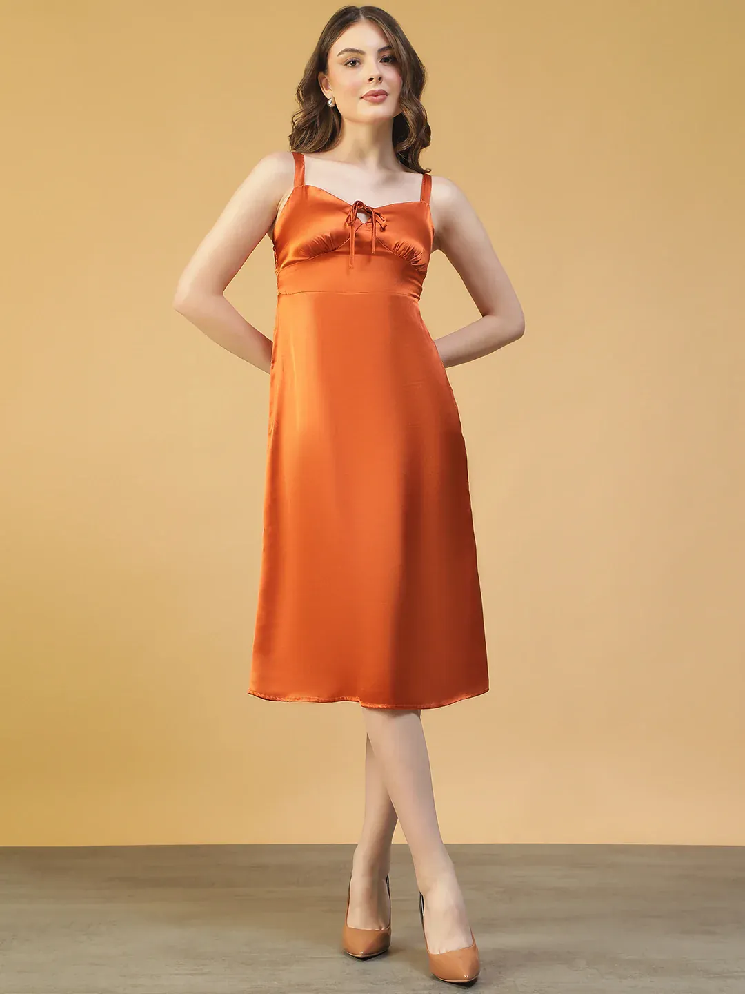 Women Brown Satin Midi Dress with Round Neck & Tie-Up Detail - Image 3