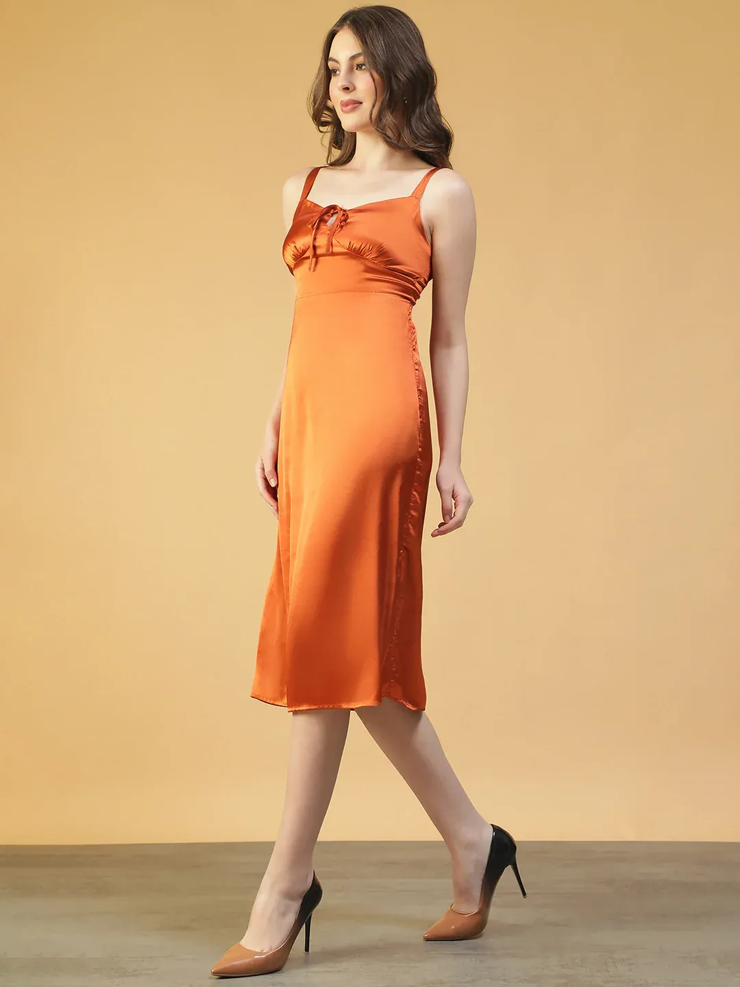 Women Brown Satin Midi Dress with Round Neck & Tie-Up Detail - Image 4