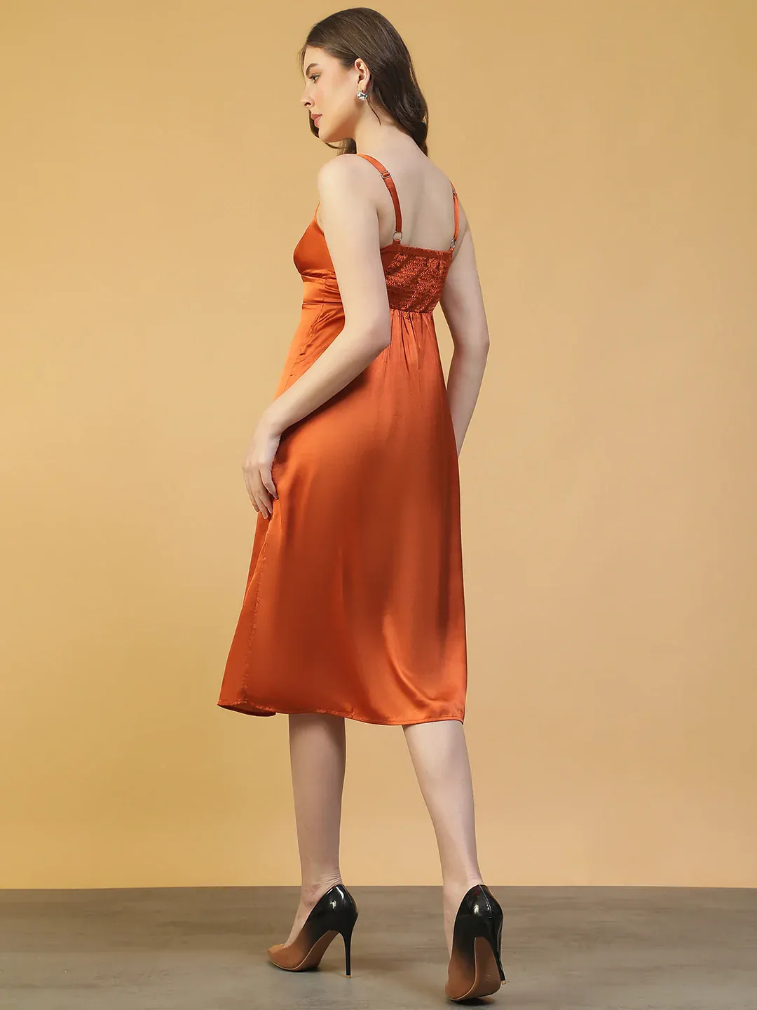 Women Brown Satin Midi Dress with Round Neck & Tie-Up Detail - Image 6