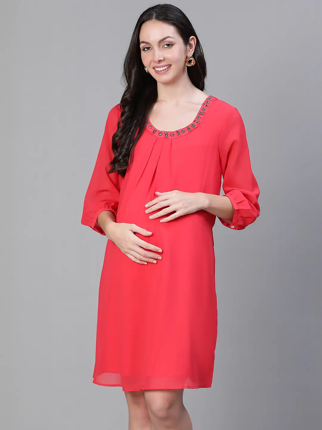 Women Embellished Elsaticated Round Neck Red Maternity Dress