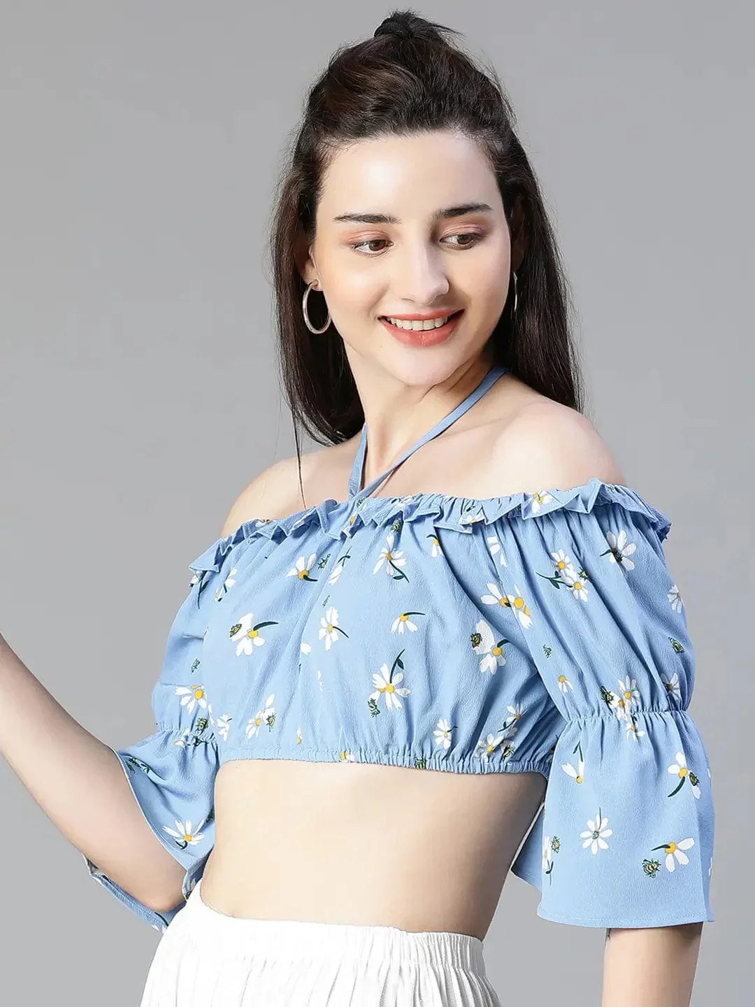 Women Floral Print Blue Ruffle Off -Shoulder Halter Crop Top - Image 3