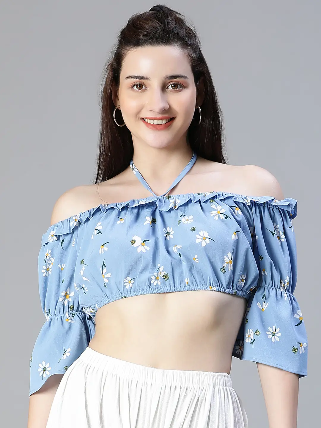 Women Floral Print Blue Ruffle Off -Shoulder Halter Crop Top