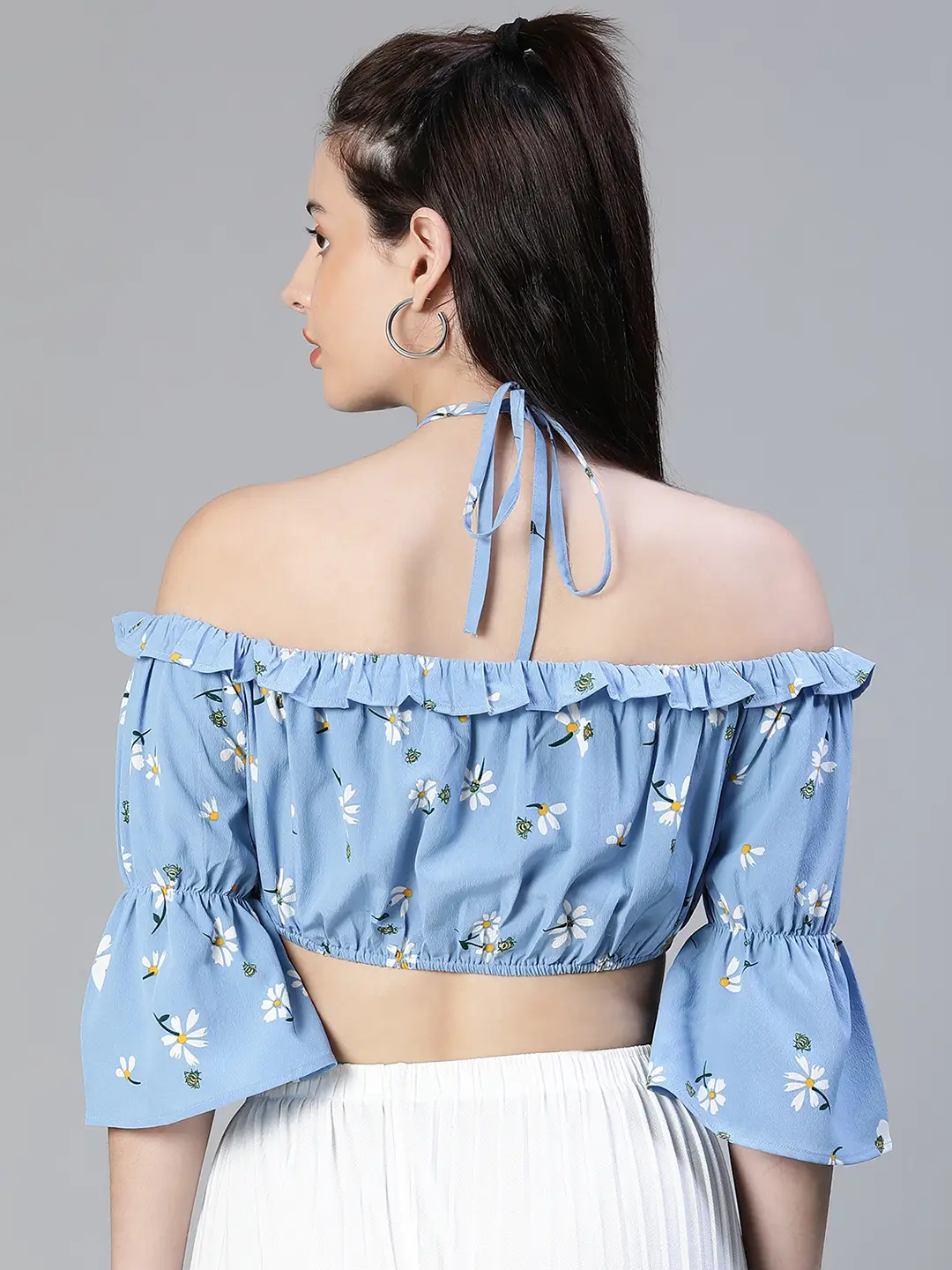 Women Floral Print Blue Ruffle Off -Shoulder Halter Crop Top - Image 5