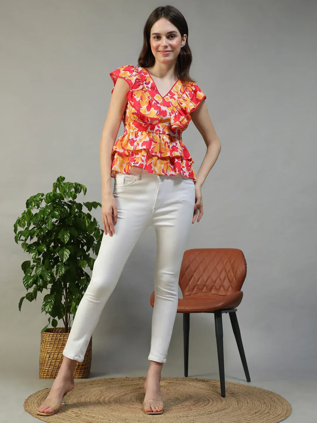 Women Floral Print V-Neck Short Sleeve Peplum Top With Ruffle Detail - Image 8