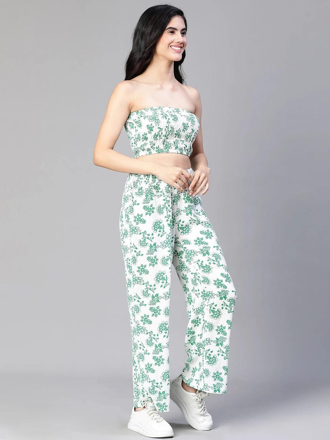 Women Green Floral Print Bustier Top and Pant Set - Image 4
