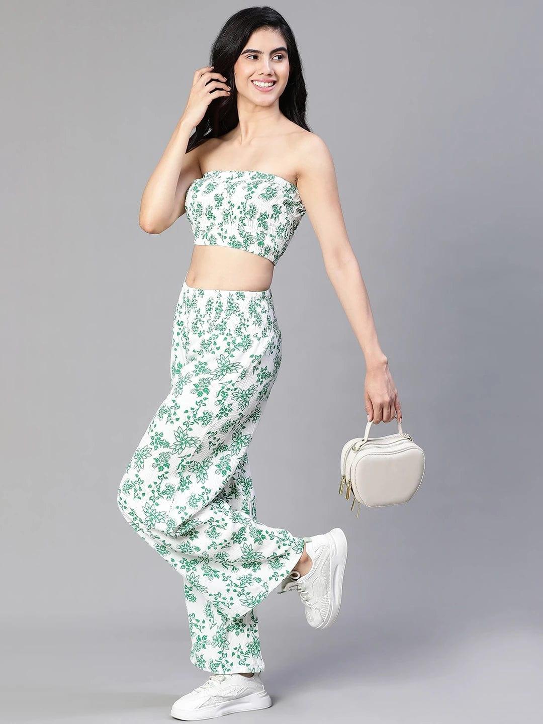 Women Green Floral Print Bustier Top and Pant Set - Image 5