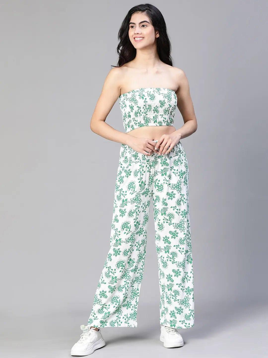 Women Green Floral Print Bustier Top and Pant Set - Image 7