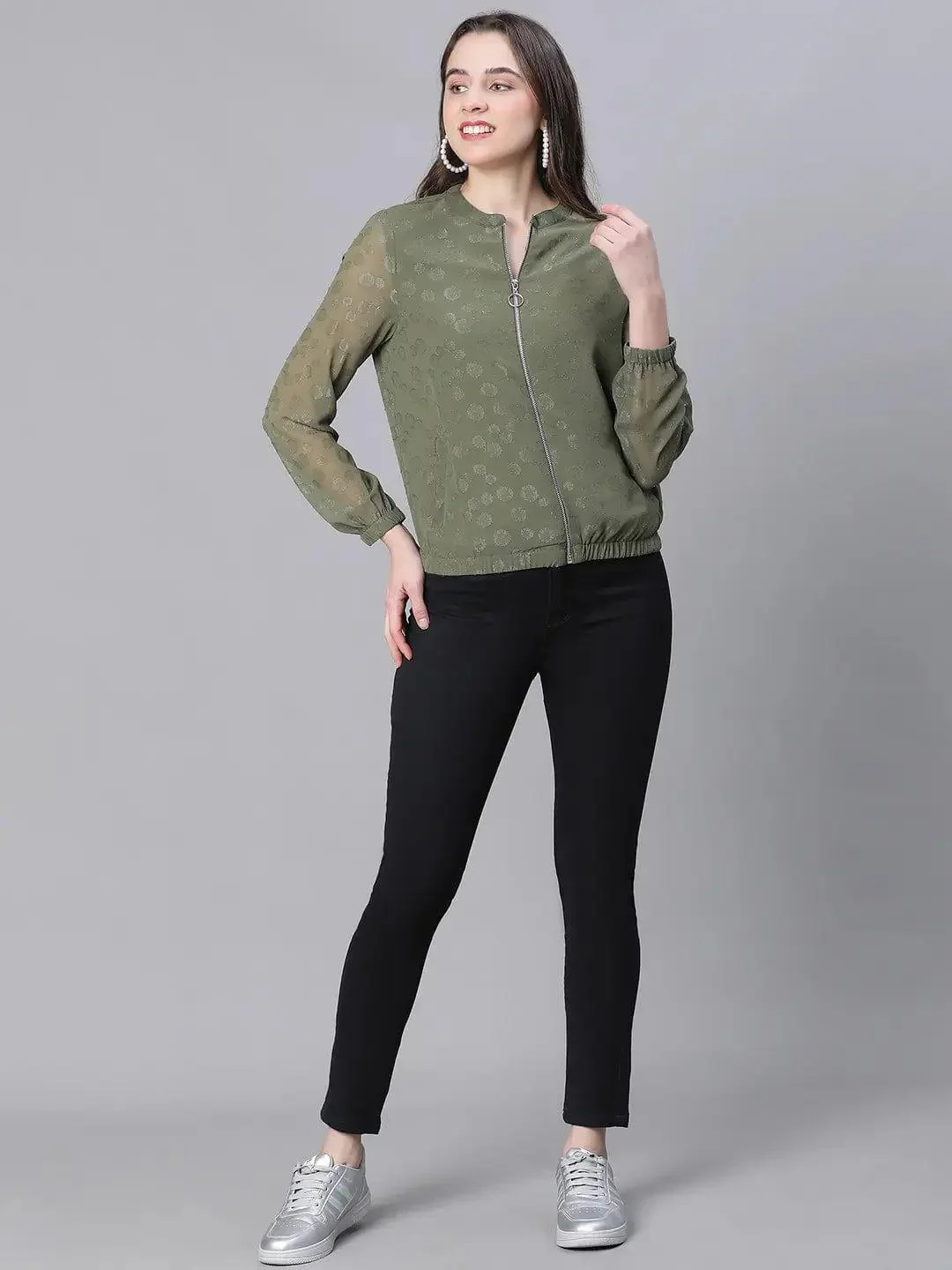 Women Green Lurex Print Long Sleeve Round Neck Zip Lined Jacket - Image 2