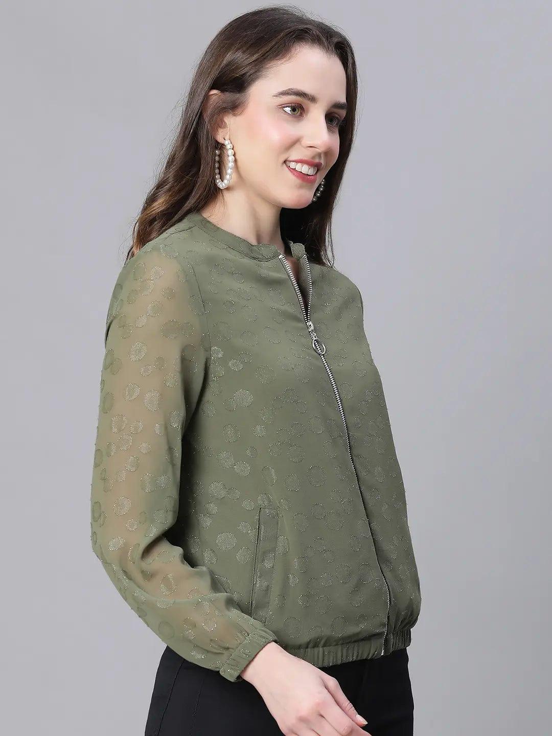 Women Green Lurex Print Long Sleeve Round Neck Zip Lined Jacket - Image 4