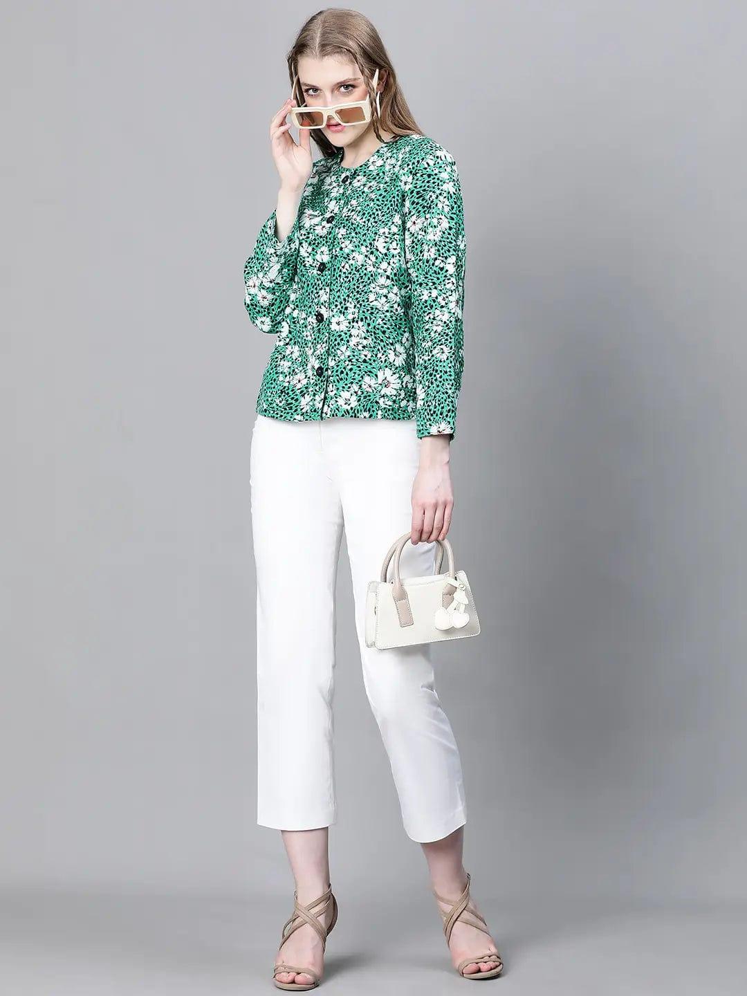 Women Green Multicolor Floral Print Round Neck Buttoned Long Sleeve Cotton Bomber Jacket - Image 6