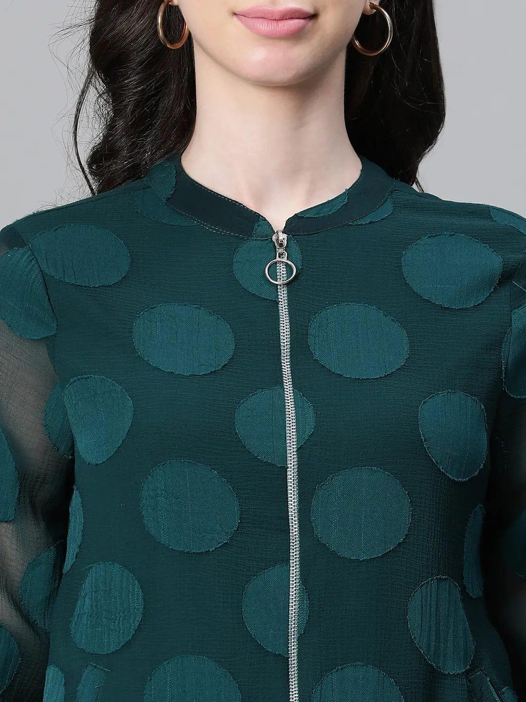 Women Green Printed Zipped Long Sleeve Round Neck Elasticated Bomber Jacket - Image 6