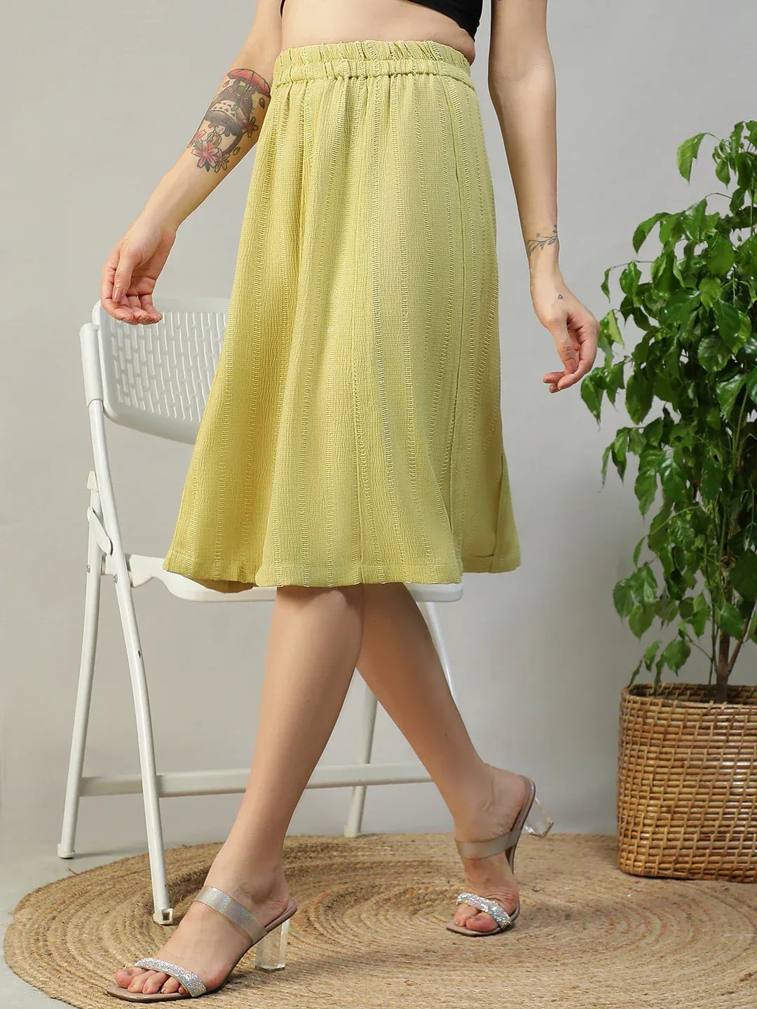 Women Green Stripe Knee-Length with Elasticated Waist Skirt - Image 5