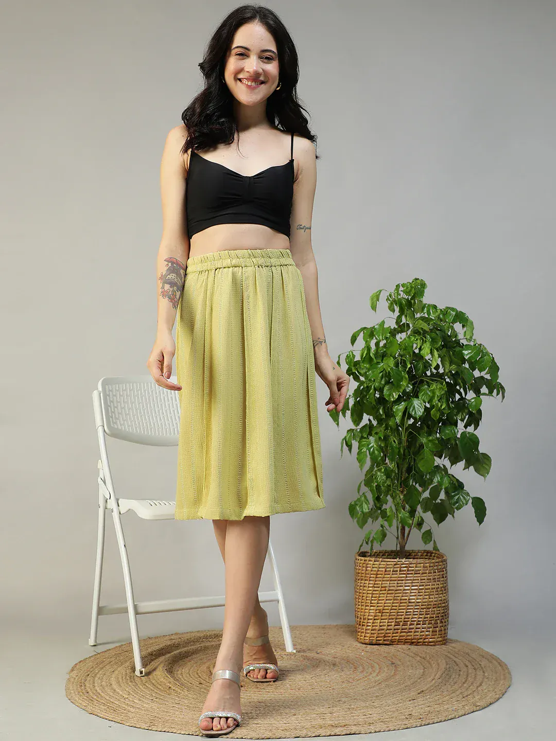 Women Green Stripe Knee-Length with Elasticated Waist Skirt - Image 8