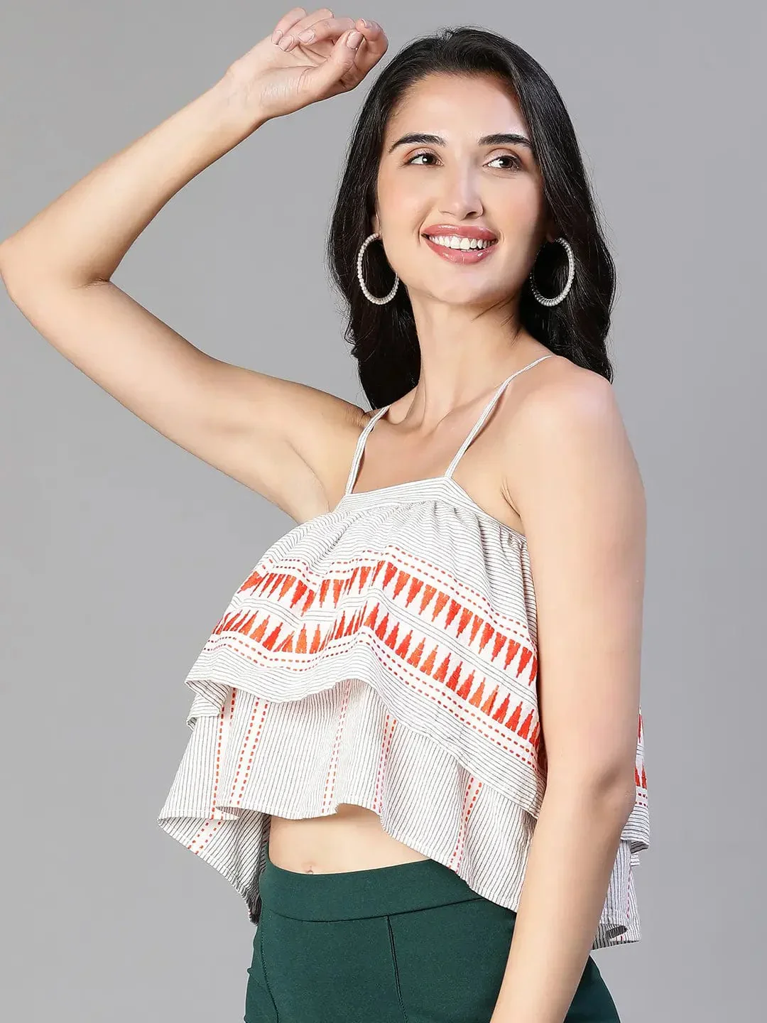 Women Grey Embroiderd Shoulder Strap Elasticated Cotton Top - Image 3