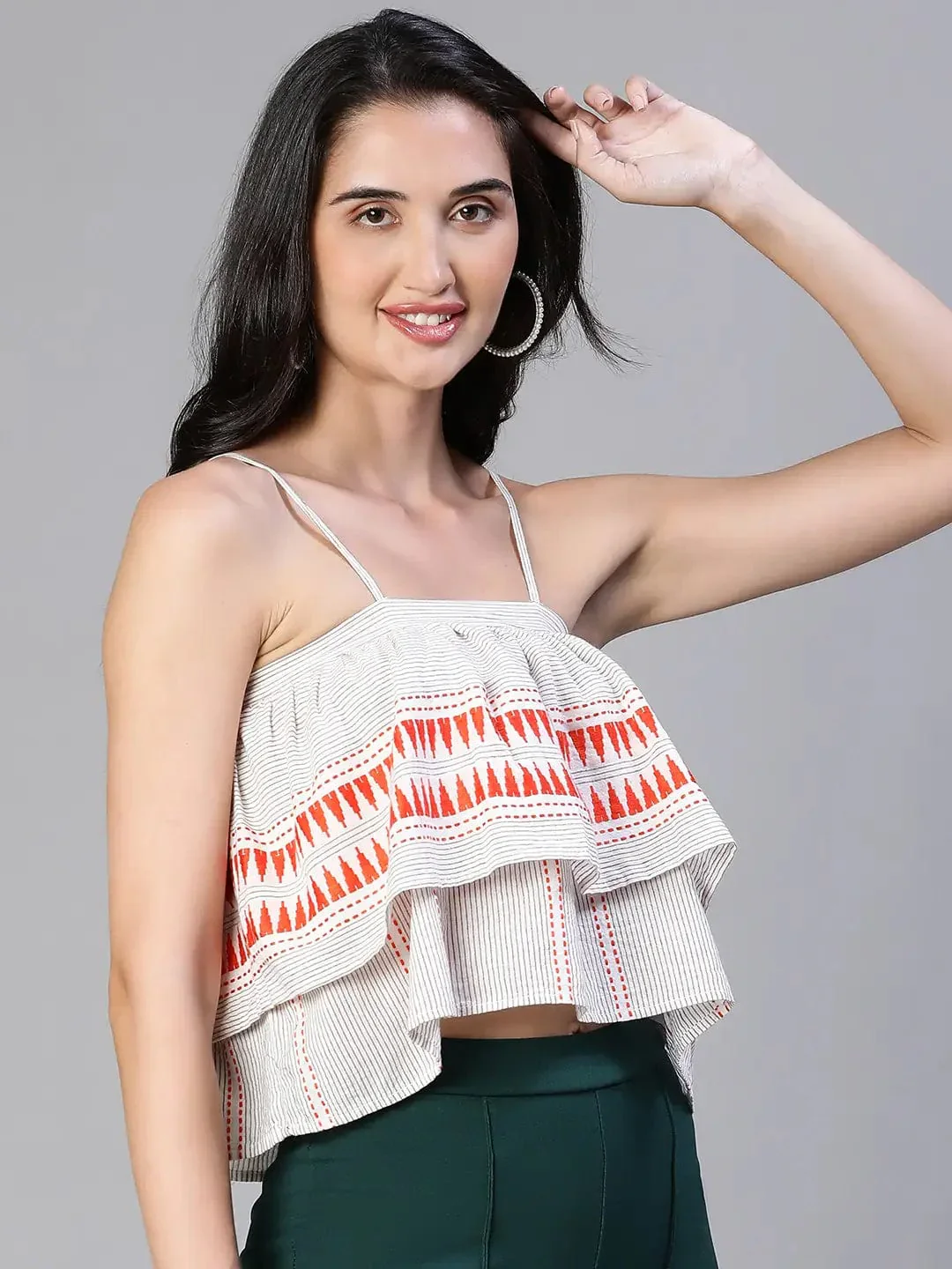 Women Grey Embroiderd Shoulder Strap Elasticated Cotton Top - Image 4