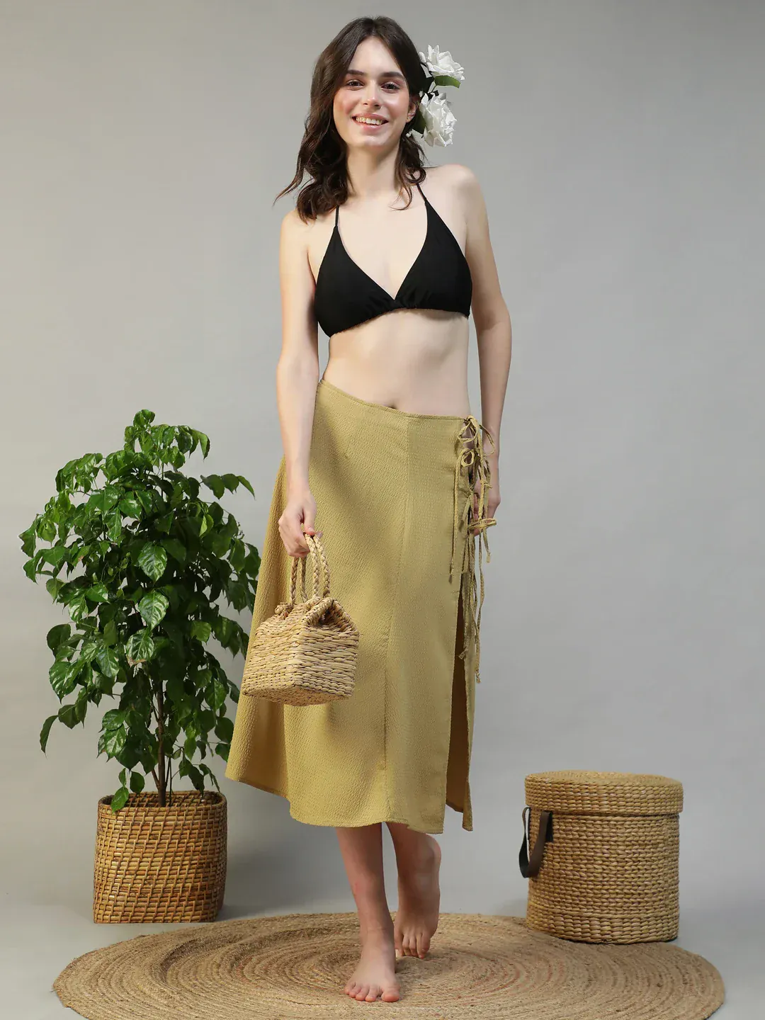 Women Khaki Below-Knee Elastic Waist with Side Tie-up Beachwear Skirt - Image 6
