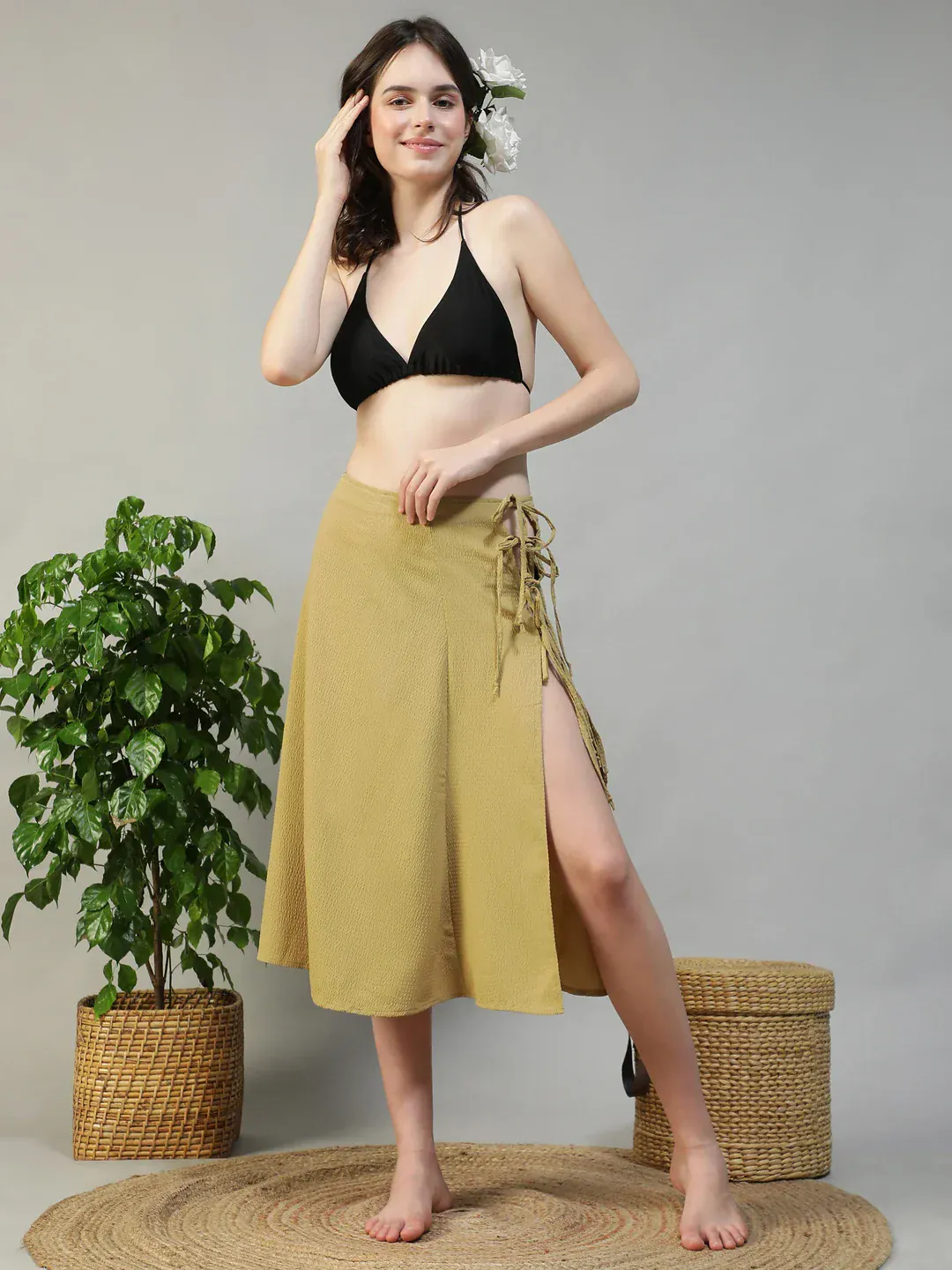 Women Khaki Below-Knee Elastic Waist with Side Tie-up Beachwear Skirt - Image 8