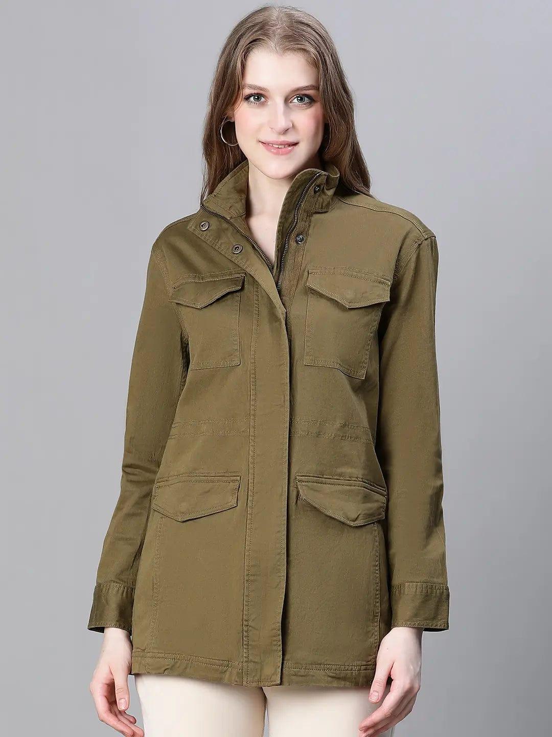 Women Khaki Collared Snap Buttoned Long Sleeve Cotton Jacket