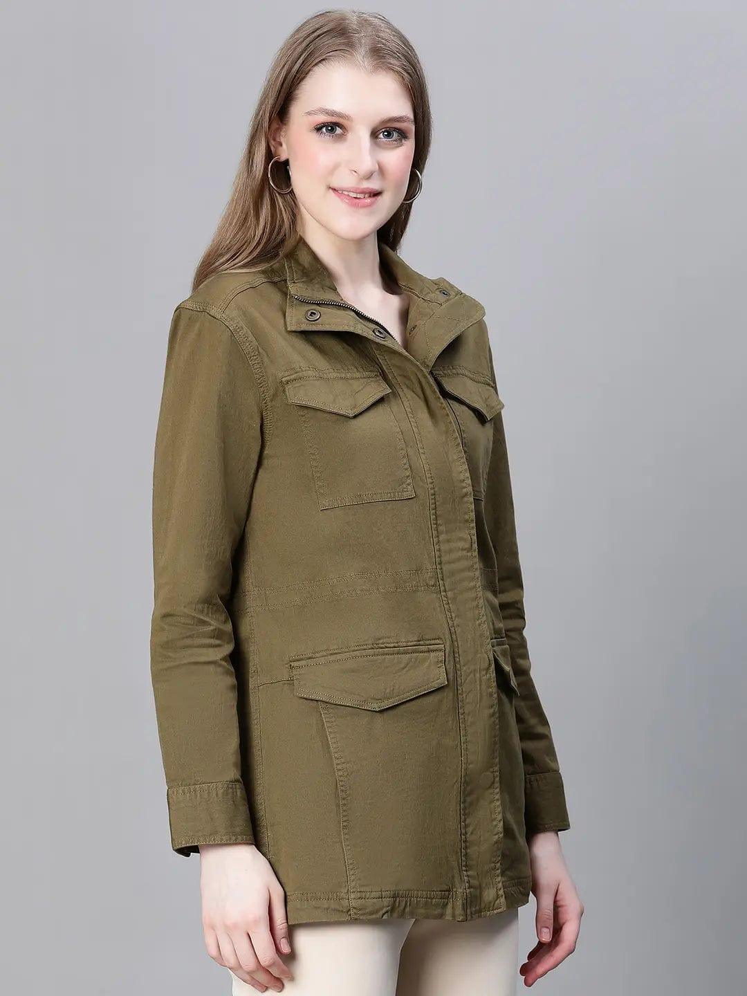 Women Khaki Collared Snap Buttoned Long Sleeve Cotton Jacket - Image 4