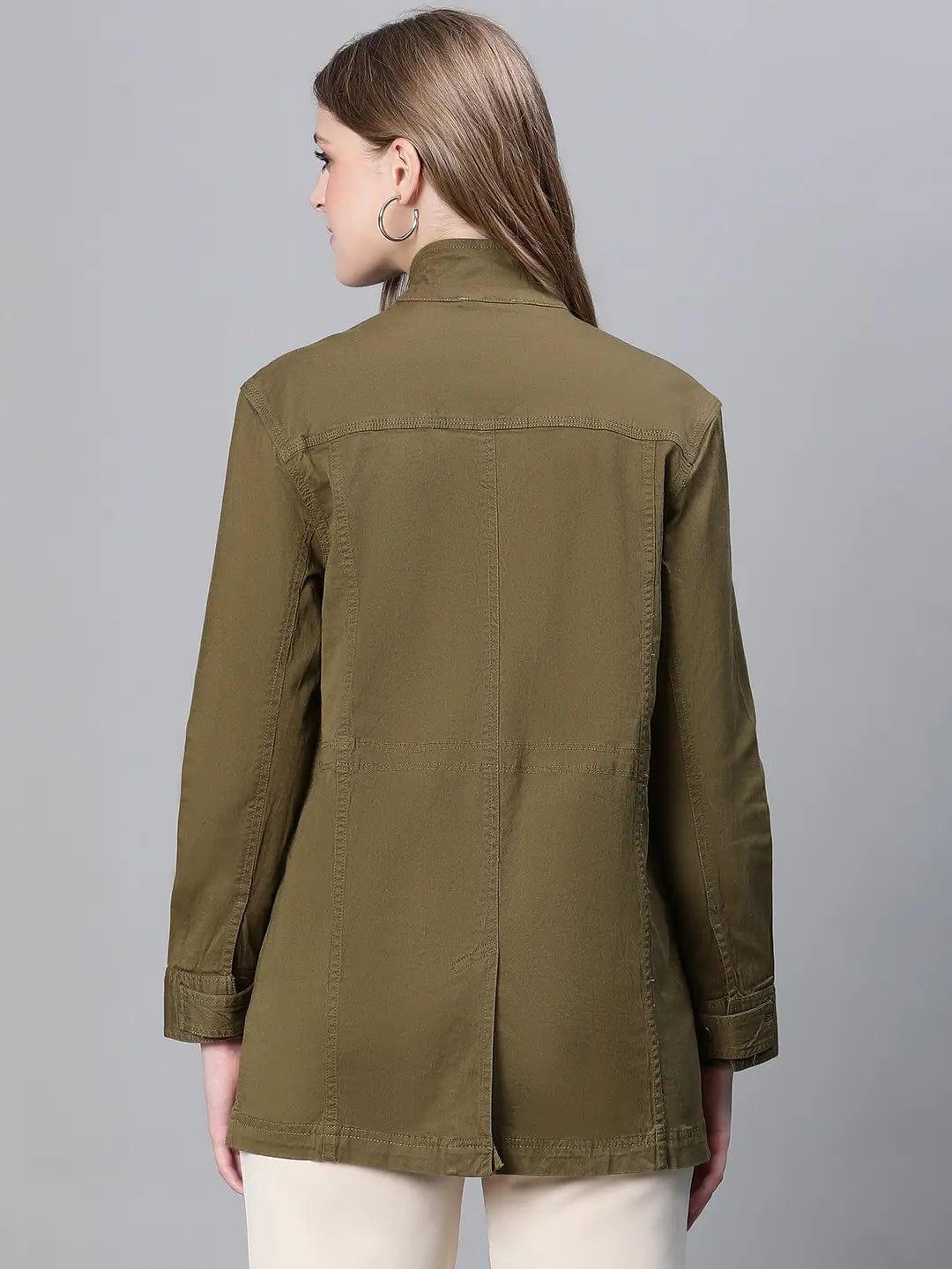 Women Khaki Collared Snap Buttoned Long Sleeve Cotton Jacket - Image 5