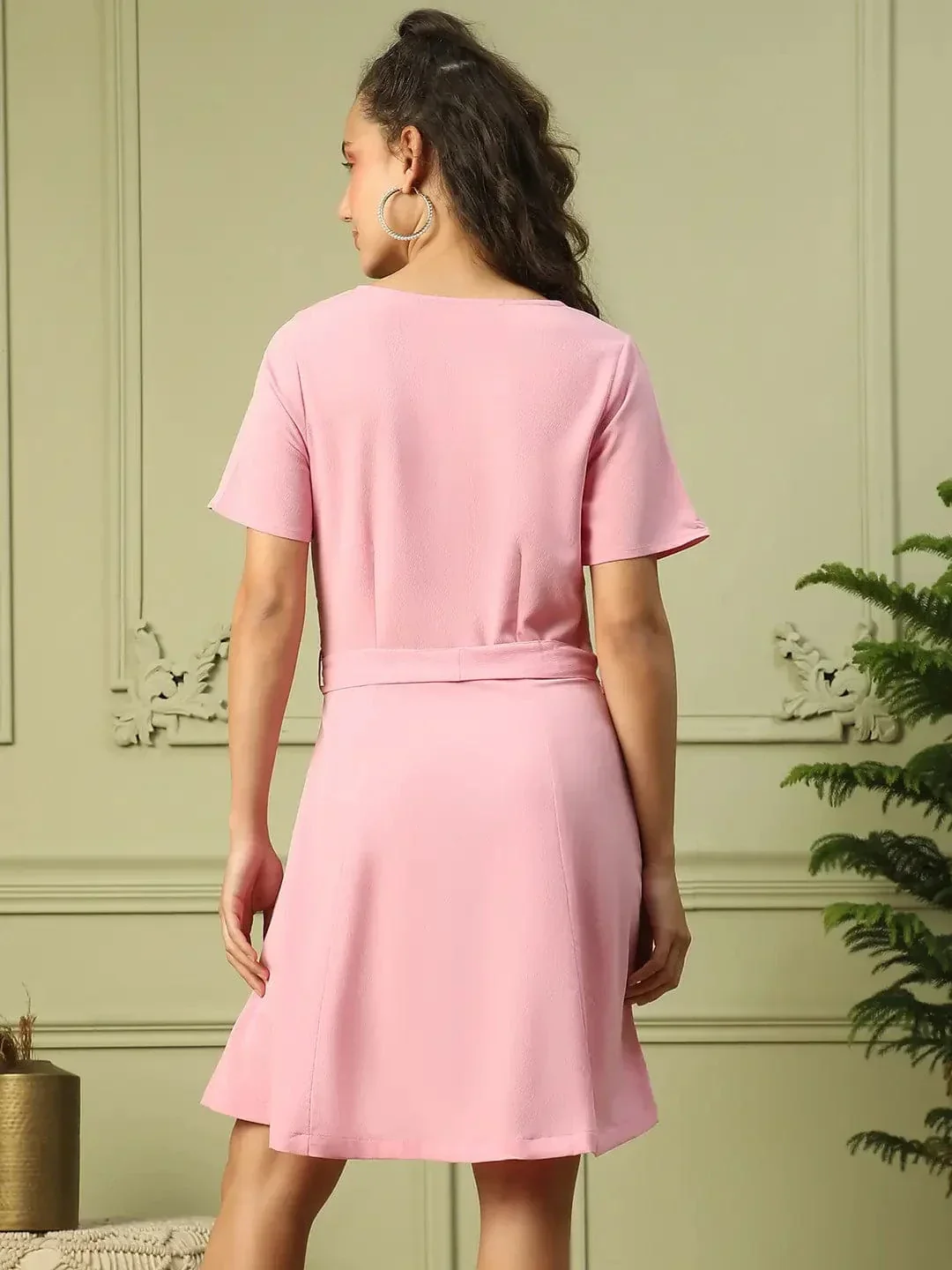 Women Light Pink Round Neck Short Sleeve Button Down Dress With Pocket Detail and Tie Knot Waist Belt - Image 5