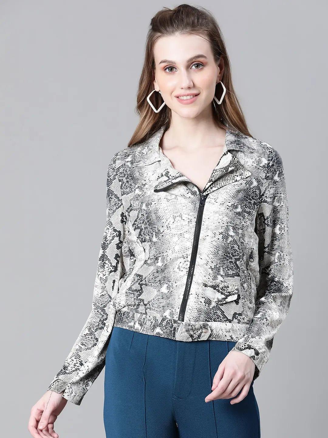 Women Multicolor Animal Print Open Collared Zip Lined Long Sleeve Bomber Jacket