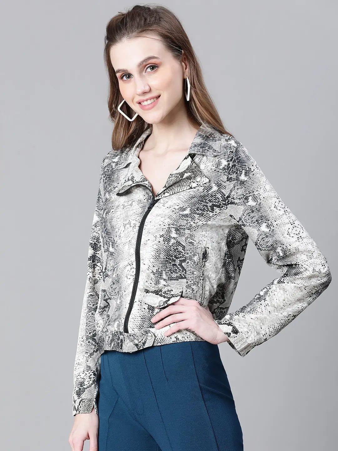 Women Multicolor Animal Print Open Collared Zip Lined Long Sleeve Bomber Jacket - Image 3