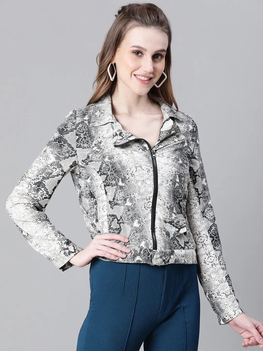 Women Multicolor Animal Print Open Collared Zip Lined Long Sleeve Bomber Jacket - Image 4