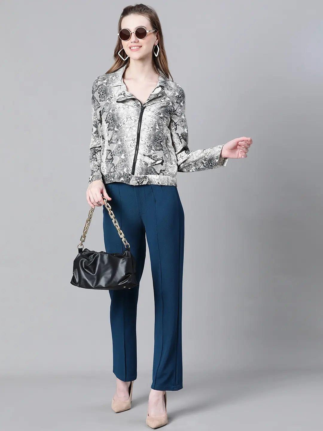 Women Multicolor Animal Print Open Collared Zip Lined Long Sleeve Bomber Jacket - Image 8