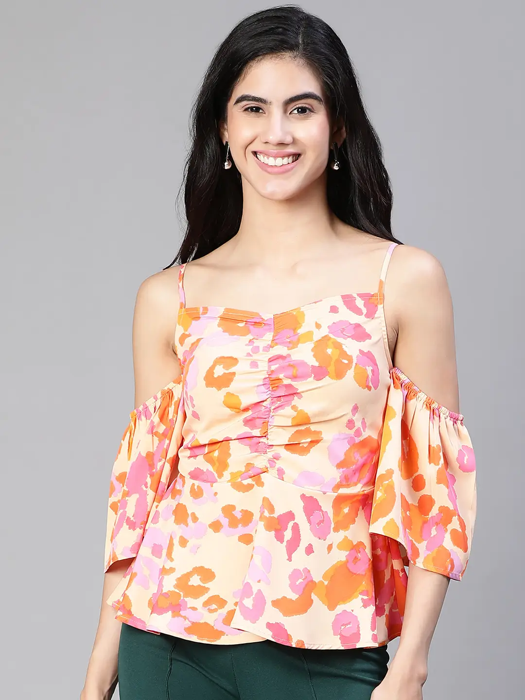 Women Multicolor Floral Print Cold Shoulder Strap Top