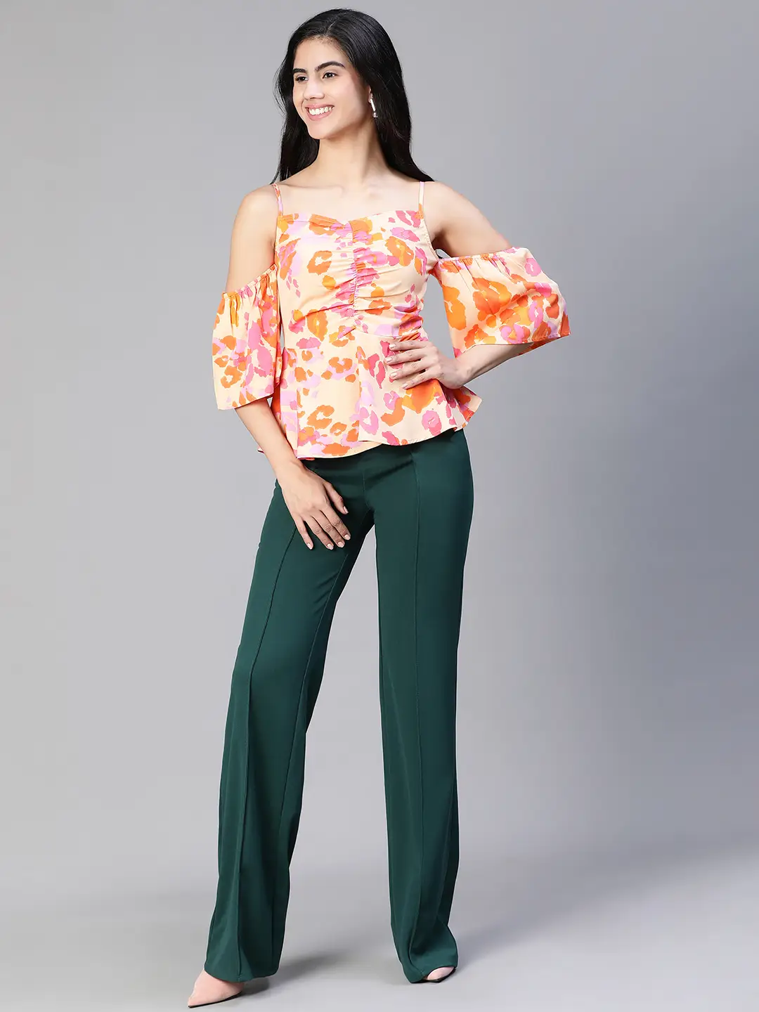 Women Multicolor Floral Print Cold Shoulder Strap Top - Image 2