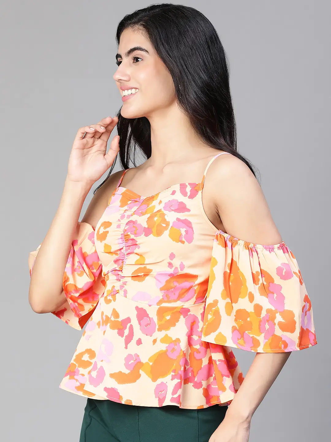 Women Multicolor Floral Print Cold Shoulder Strap Top - Image 3