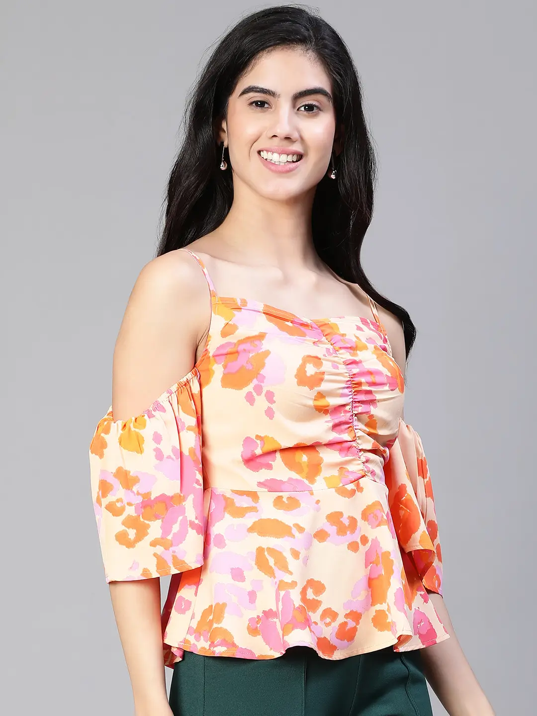 Women Multicolor Floral Print Cold Shoulder Strap Top - Image 4
