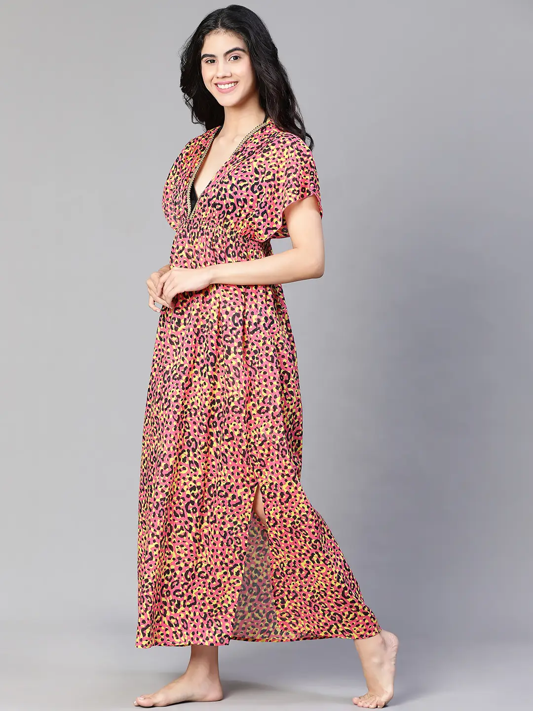 Women Multicolor Floral Print Laced & Elasticatedslit Maxi Beachwear Cotton Dress - Image 3