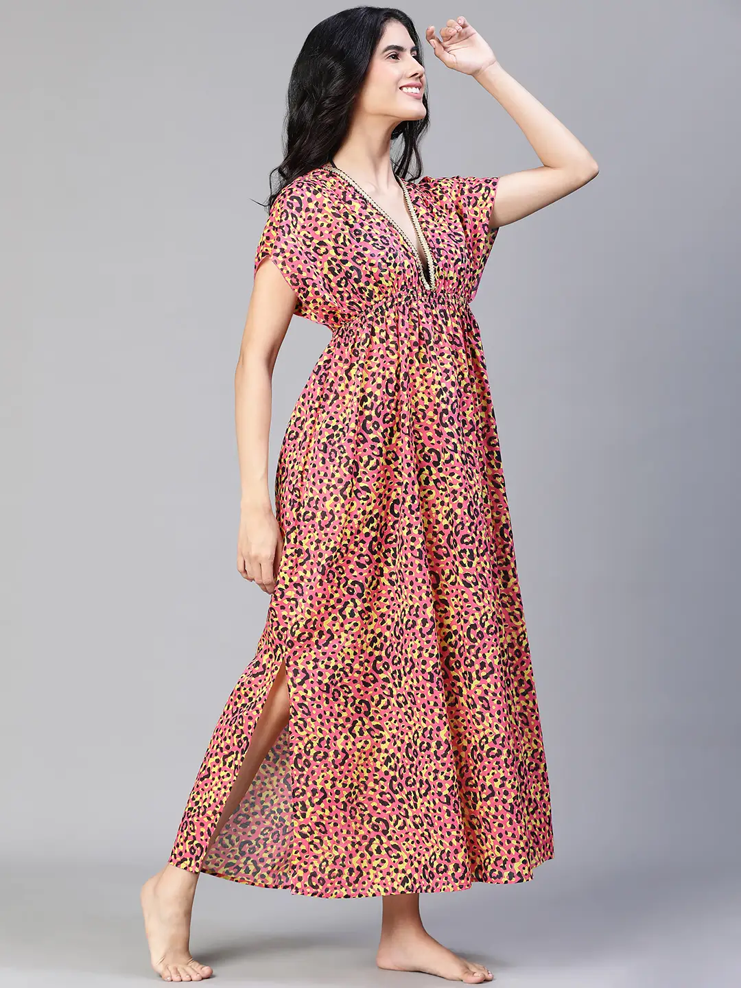 Women Multicolor Floral Print Laced & Elasticatedslit Maxi Beachwear Cotton Dress - Image 4