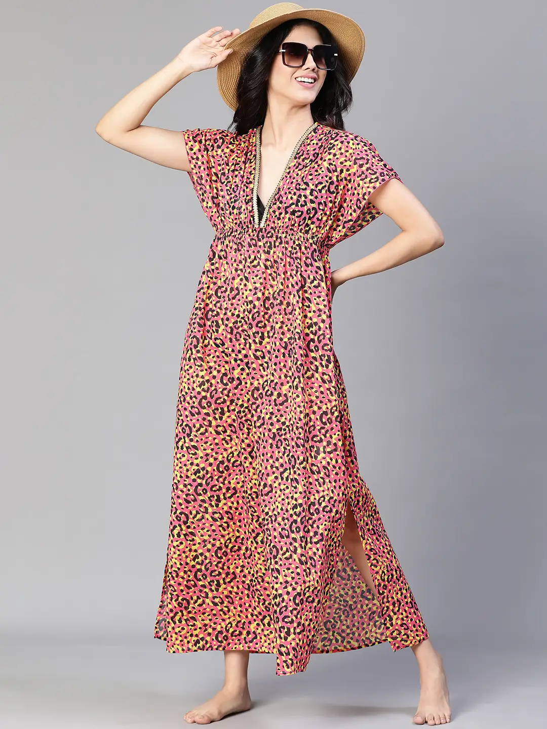 Women Multicolor Floral Print Laced & Elasticatedslit Maxi Beachwear Cotton Dress - Image 7