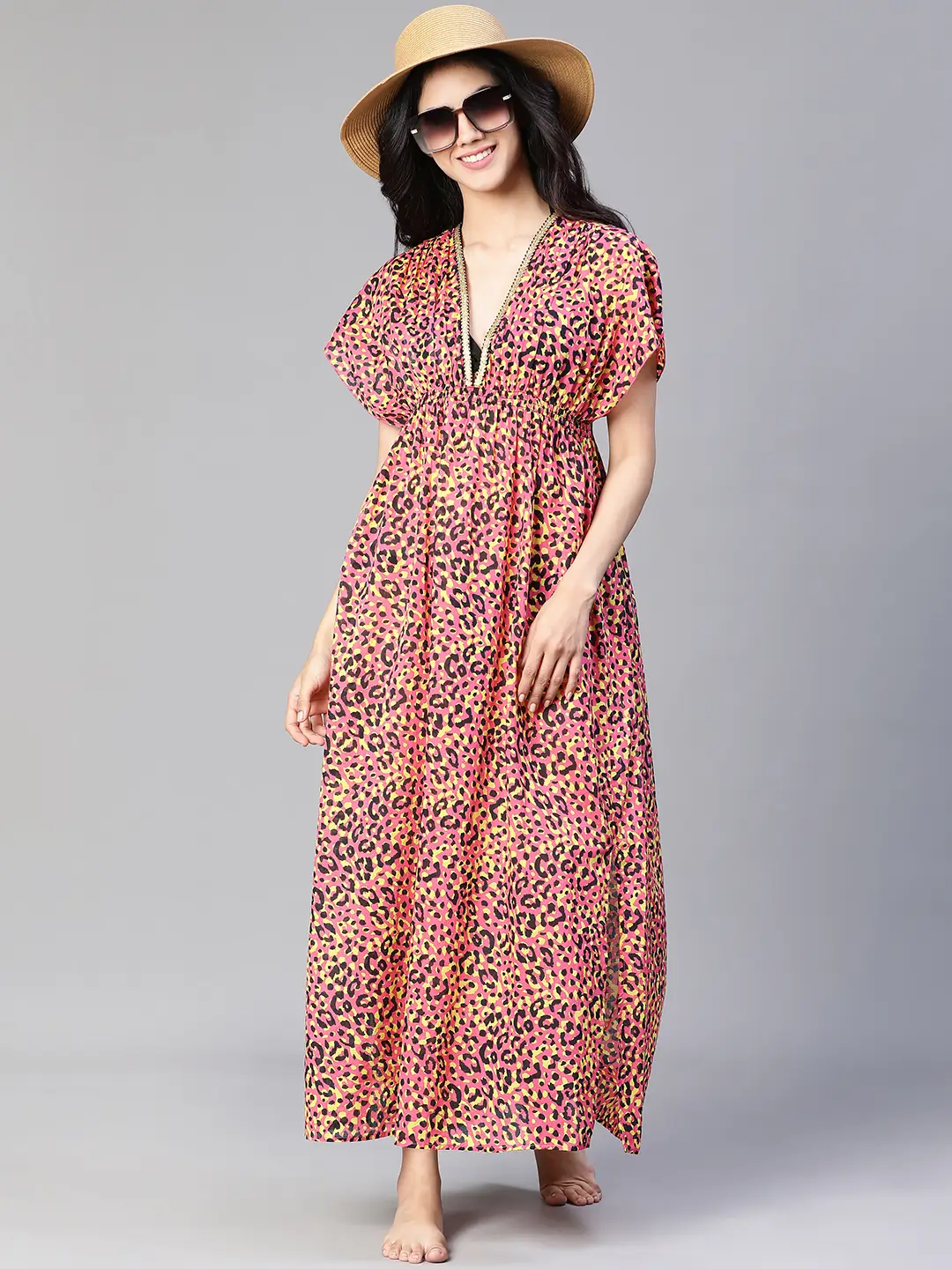 Women Multicolor Floral Print Laced & Elasticatedslit Maxi Beachwear Cotton Dress - Image 8