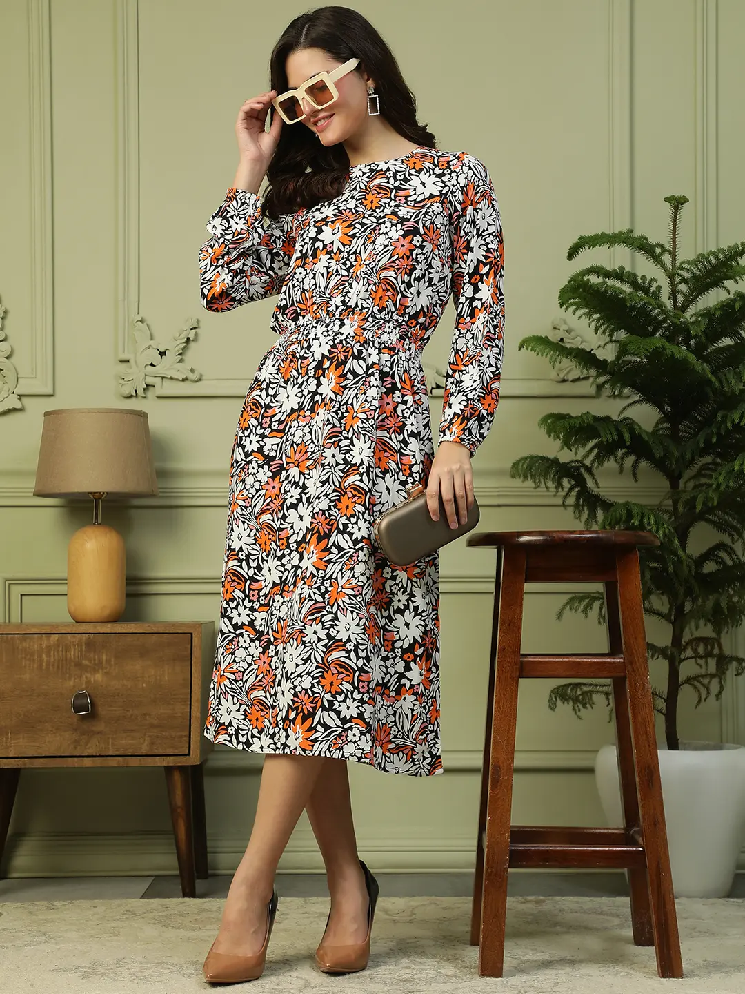 Women Multicolor Floral Viscose Long Sleeve, Elastic Dress - Image 7