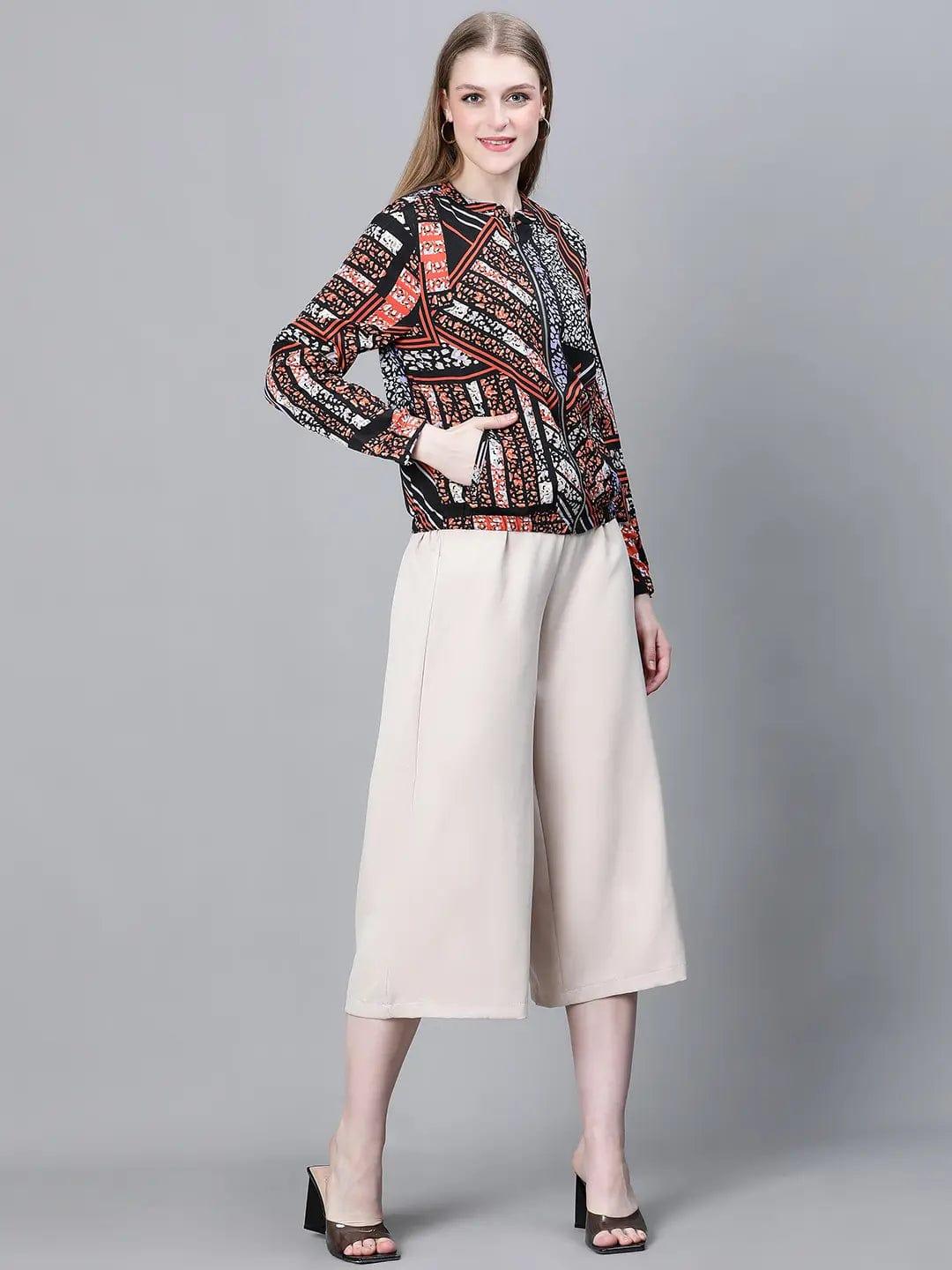 Women Multicolor Printed Round Neck Zipped Long Sleeve Bomber Jacket - Image 2