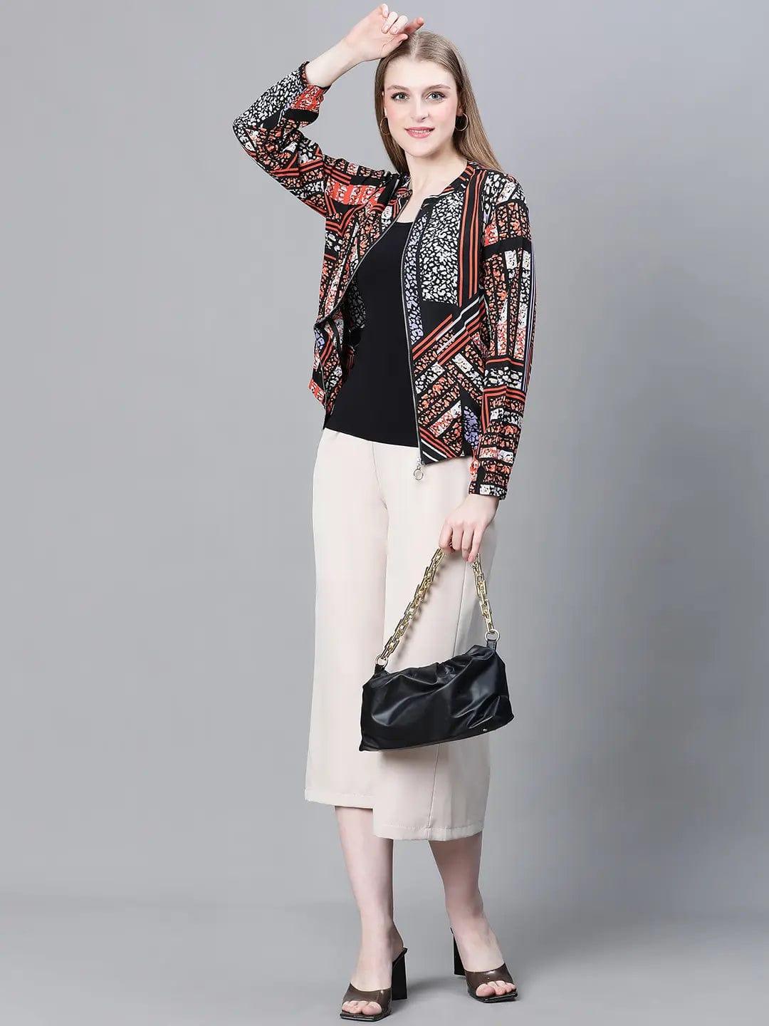 Women Multicolor Printed Round Neck Zipped Long Sleeve Bomber Jacket - Image 7