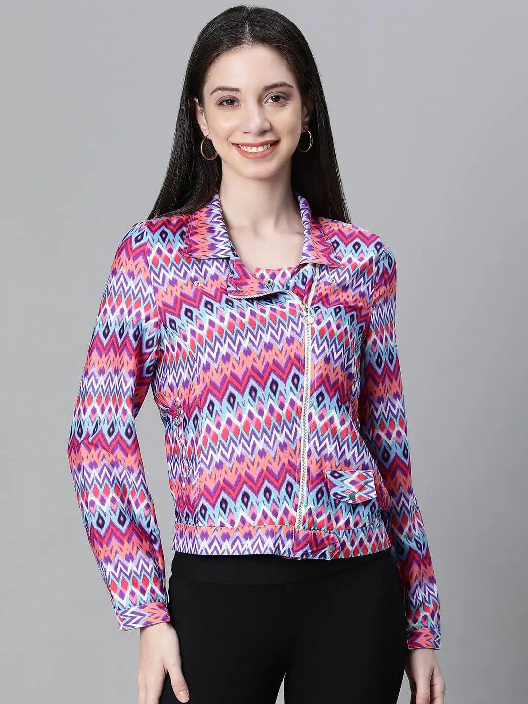Women Multicolor Printed With Lining Zipped Long Sleeve Bomber Jacket