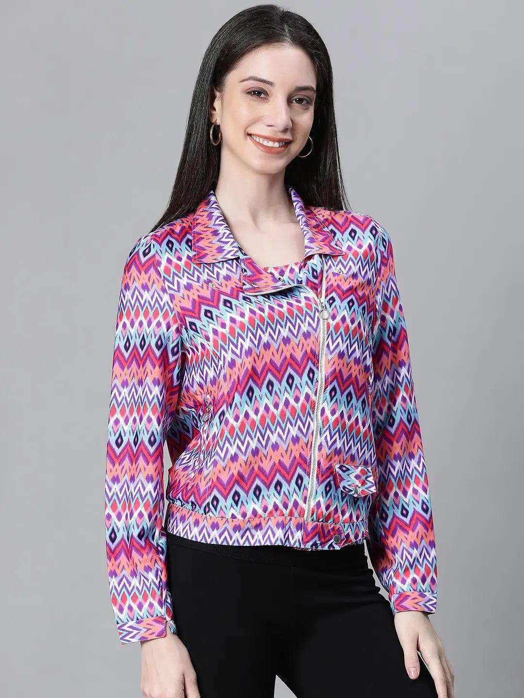 Women Multicolor Printed With Lining Zipped Long Sleeve Bomber Jacket - Image 4