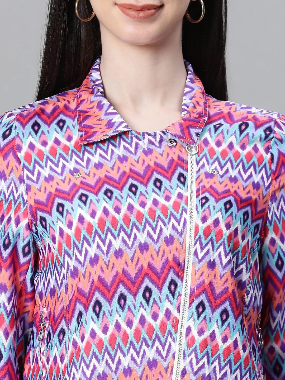 Women Multicolor Printed With Lining Zipped Long Sleeve Bomber Jacket - Image 6