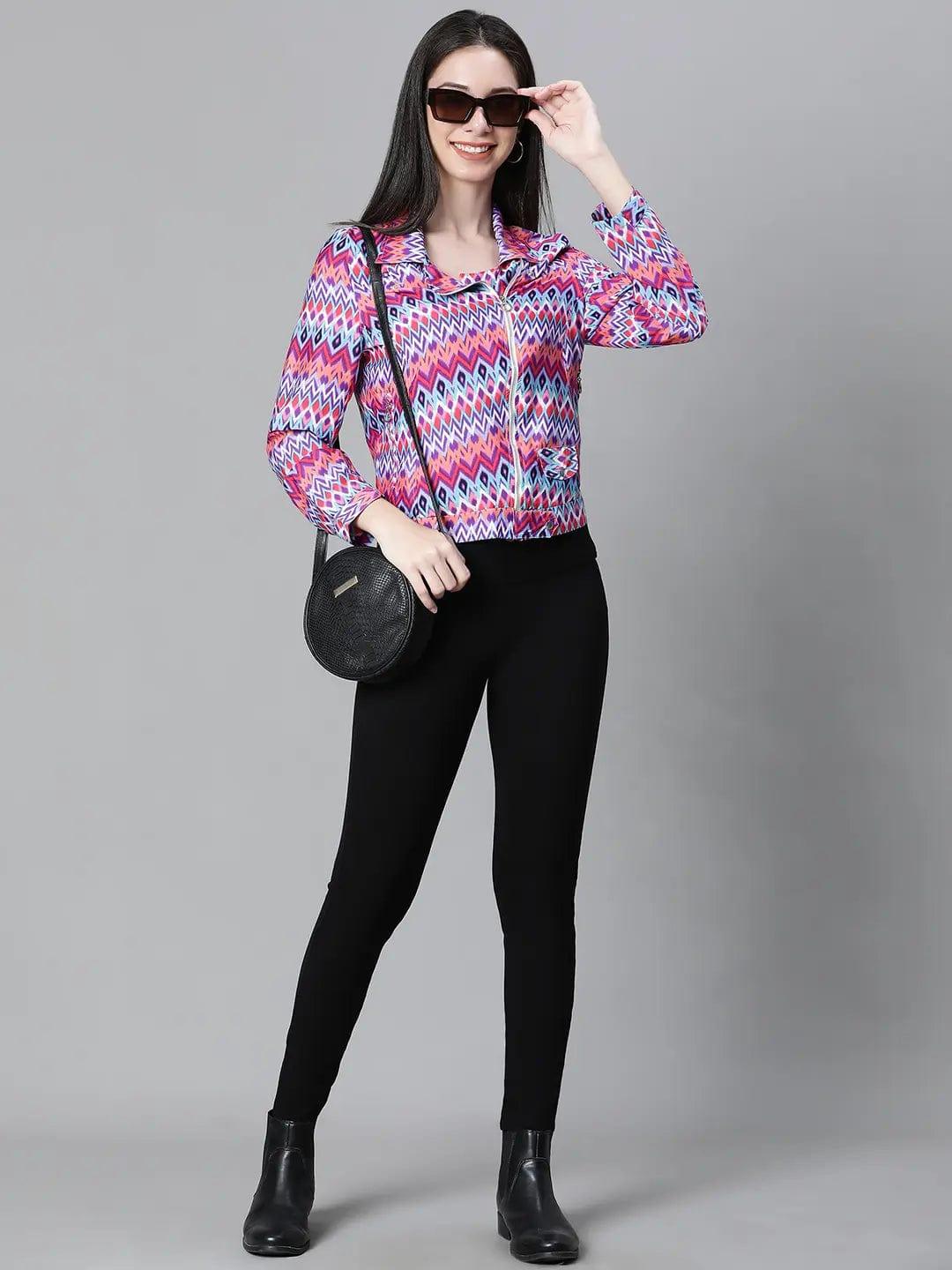 Women Multicolor Printed With Lining Zipped Long Sleeve Bomber Jacket - Image 8