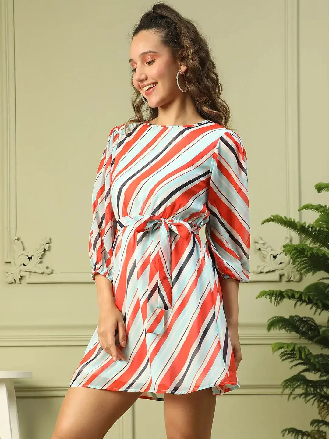Women Multicolor Round Neck Full Sleeves Stripe Print Above Knee- Length Dress With Tie-Knot Belt - Image 3