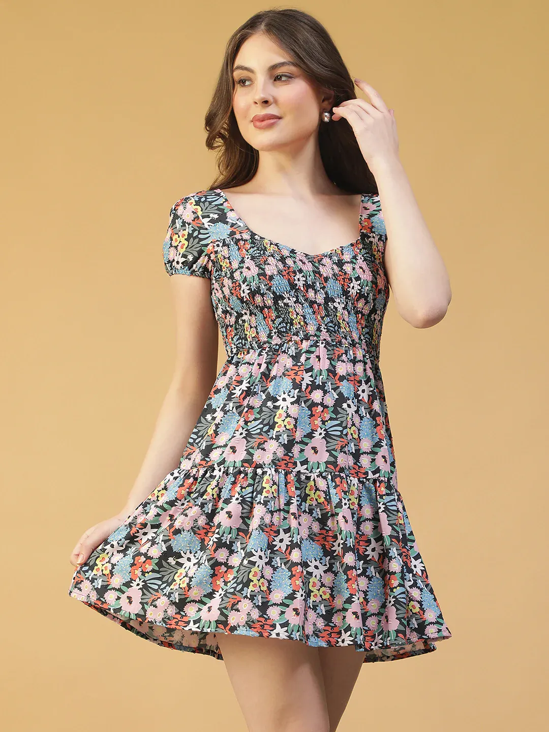 Women Multicolor Short Sleeve Smocked Floral Dress - Image 5