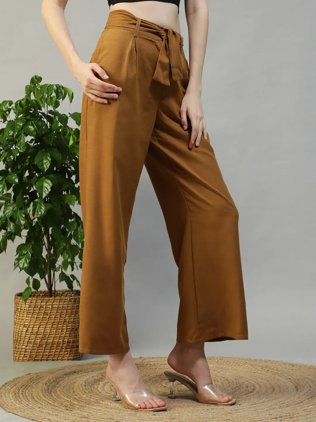 Women Mustard Straight Pants with Tie-Up Belt & Utility Pockets - Image 5