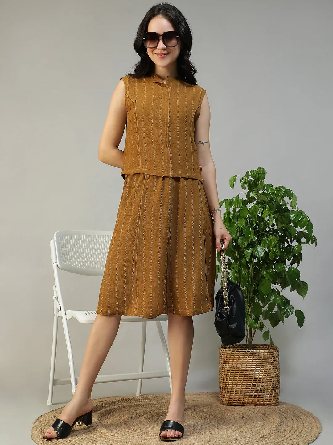 Women Mustard Stripe Sleeveless Top & Knee-Length Skirt Co-Ord Set - Image 3