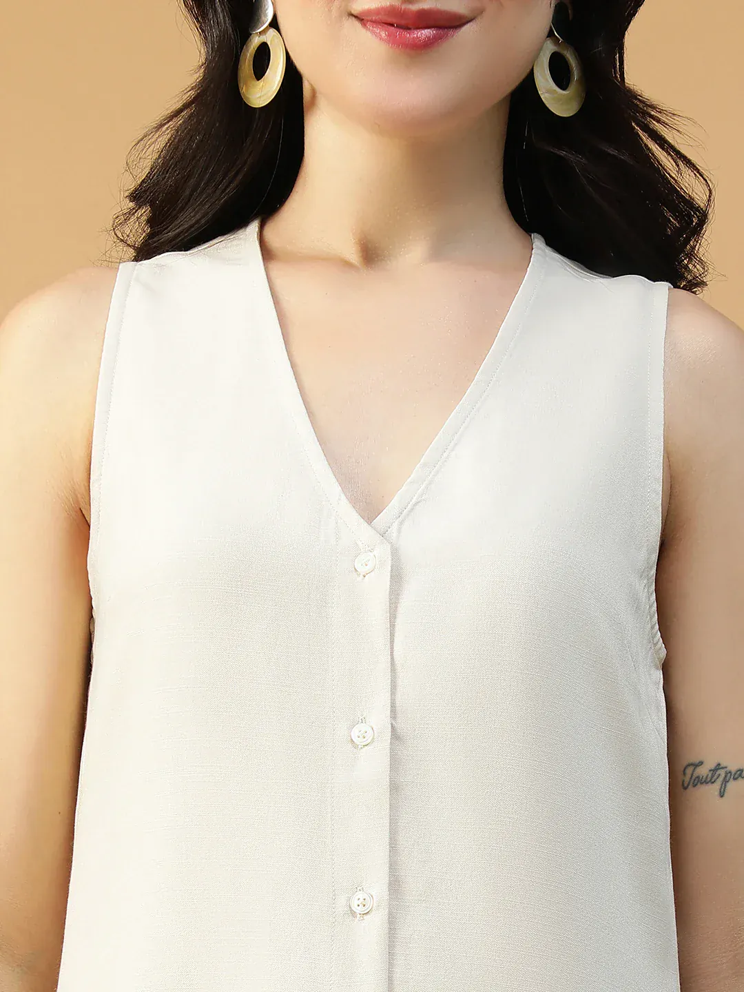 Women Off-White Sleeveless Button Down Cotton Linen Knee-Length Dress - Image 2